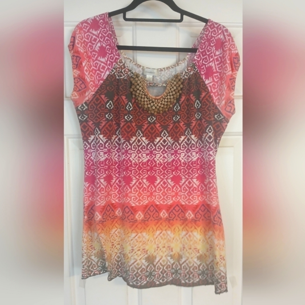 DRESSBARN women's  Cap Sleeve Multicolor Boho Style Top W/Beaded Accent S